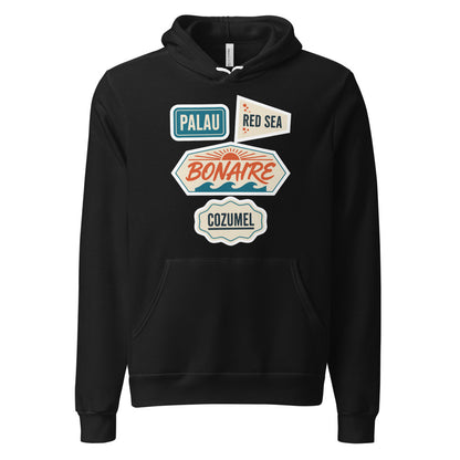 Vintage scuba diving dive sites travel decal hoodie — Black, front