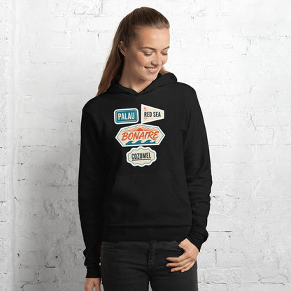 Vintage scuba diving dive sites travel decal hoodie — Black, on model