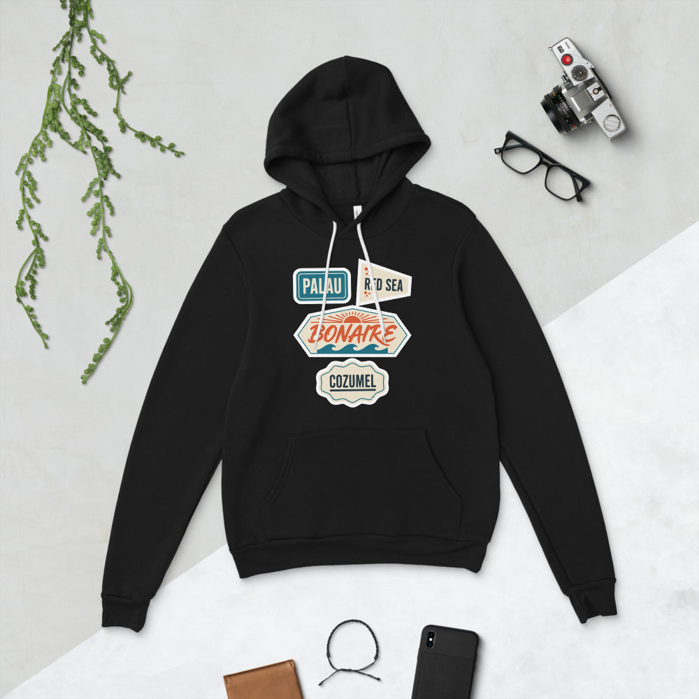 Vintage scuba diving dive sites travel decal hoodie — Black, flat lay