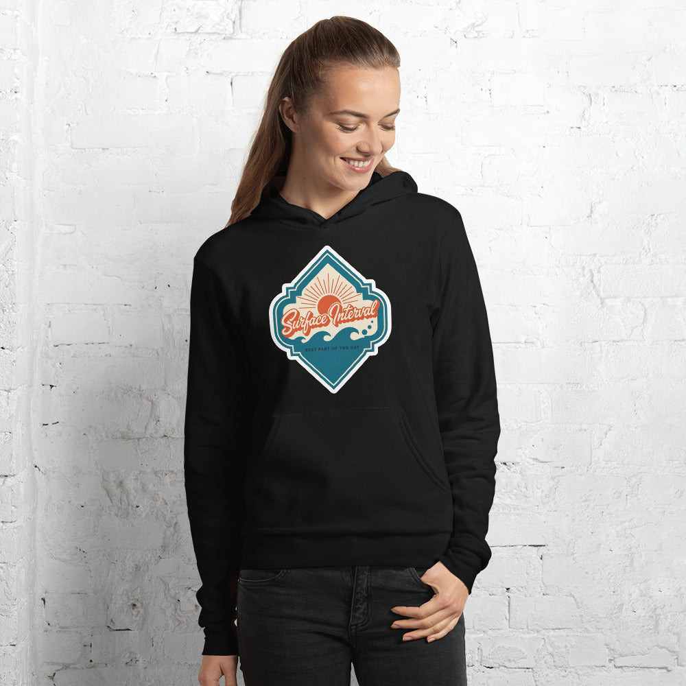 Surface Interval vintage scuba diving travel decal hoodie — Black, on model