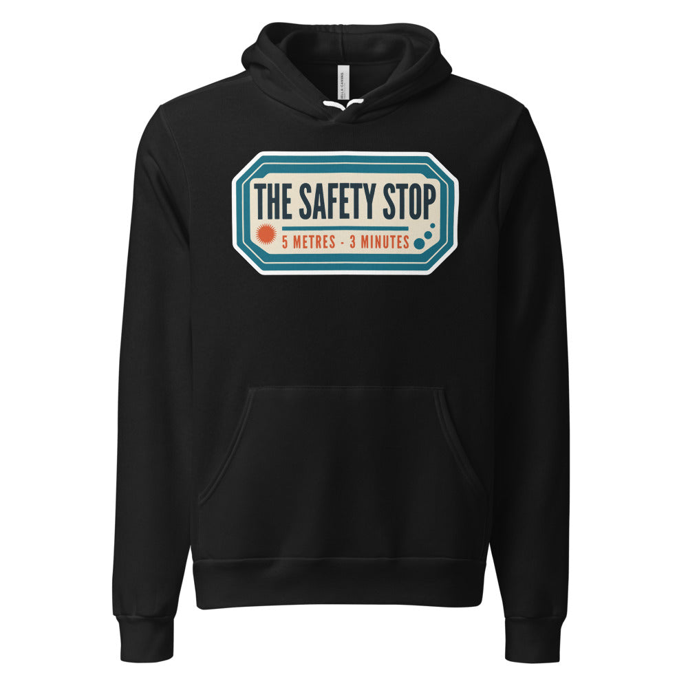 The Safety Stop vintage scuba diving travel decal hoodie — Black, front