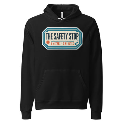 The Safety Stop vintage scuba diving travel decal hoodie — Black, front