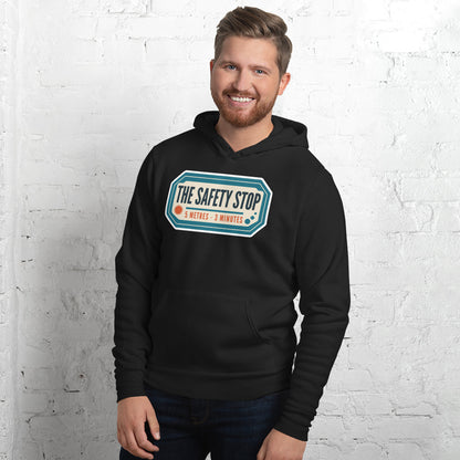 The Safety Stop vintage scuba diving travel decal hoodie — Black, on model
