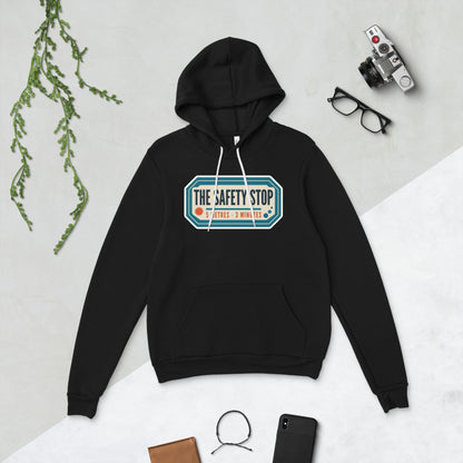 The Safety Stop vintage scuba diving travel decal hoodie — Black, flat lay