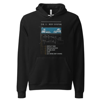 Reef System technical cutaway saltwater aquarium hoodie — Black, front