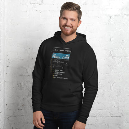 Reef System technical cutaway saltwater aquarium hoodie — Black, on model