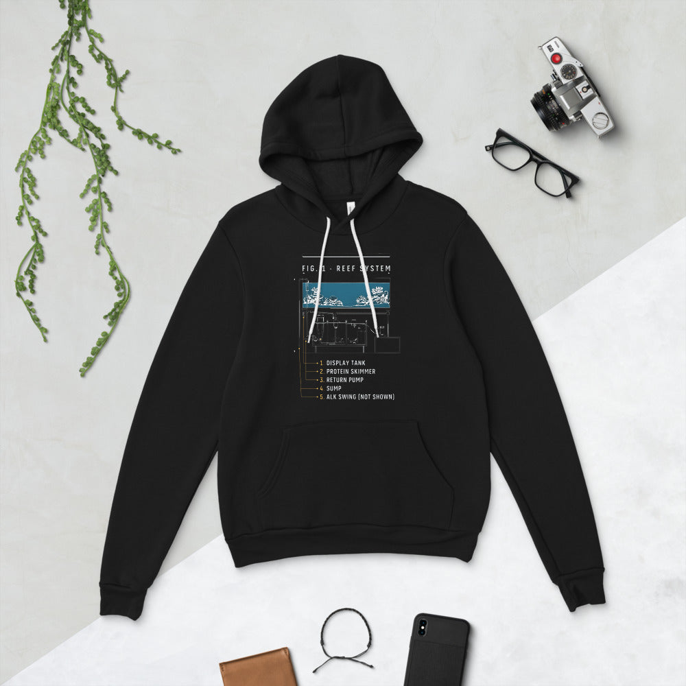 Reef System technical cutaway saltwater aquarium hoodie — Black, flat lay