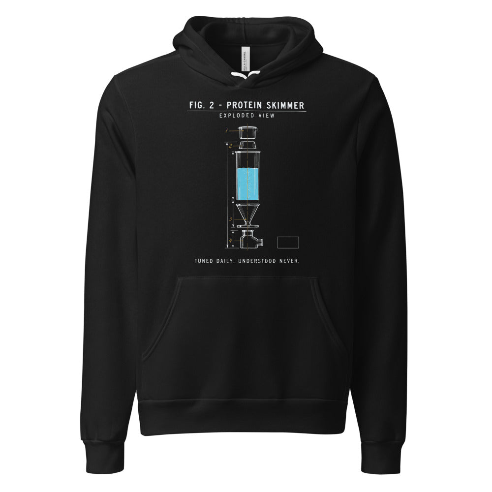 Protein Skimmer Exploded View reef tank saltwater aquarium hoodie — Black, front