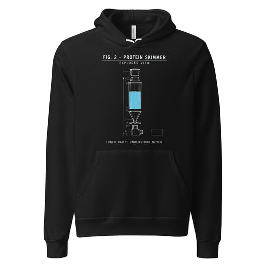 Protein Skimmer Exploded View reef tank saltwater aquarium hoodie — Black, front