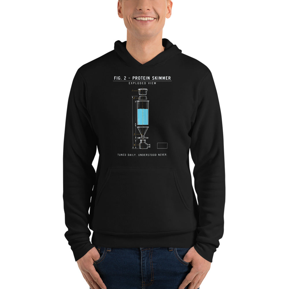 Protein Skimmer Exploded View reef tank saltwater aquarium hoodie — Black, on model