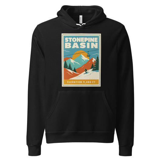 Stonepine Basin vintage ski resort hoodie — Black, front