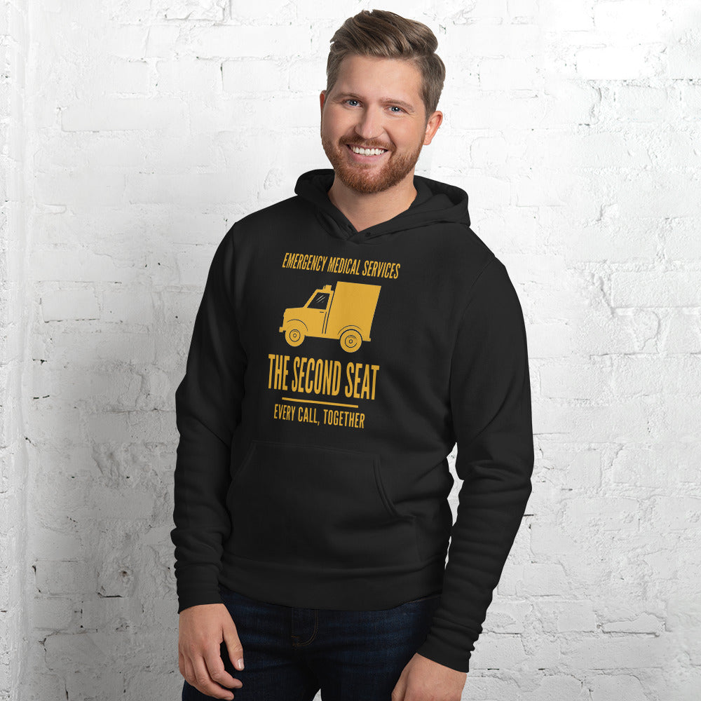 The Second Seat EMS paramedic hoodie — Black, on model