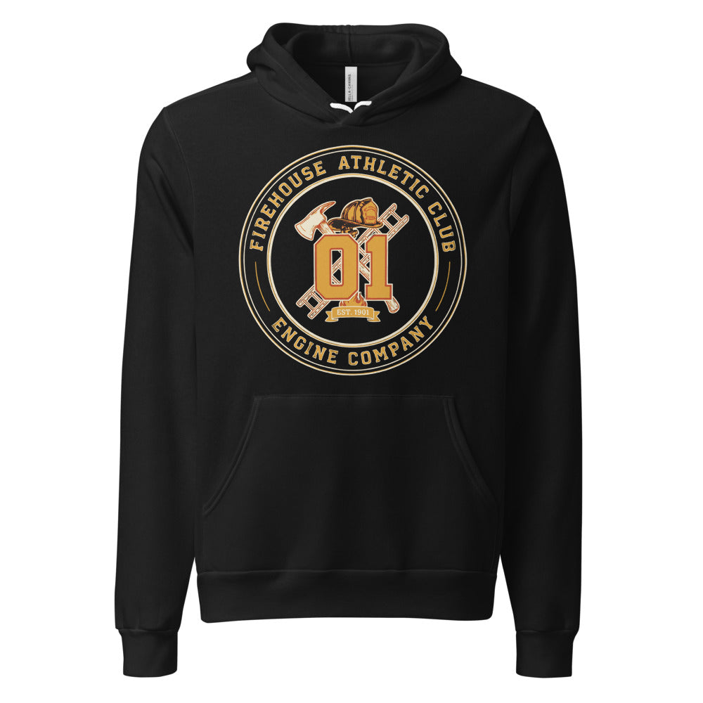 Firehouse Athletic Club retro firefighter emblem hoodie — Black, front