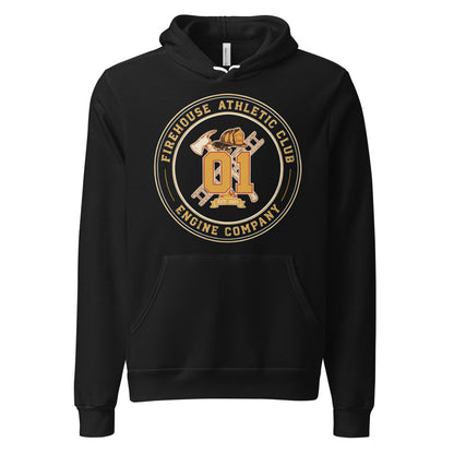 Firehouse Athletic Club retro firefighter emblem hoodie — Black, front