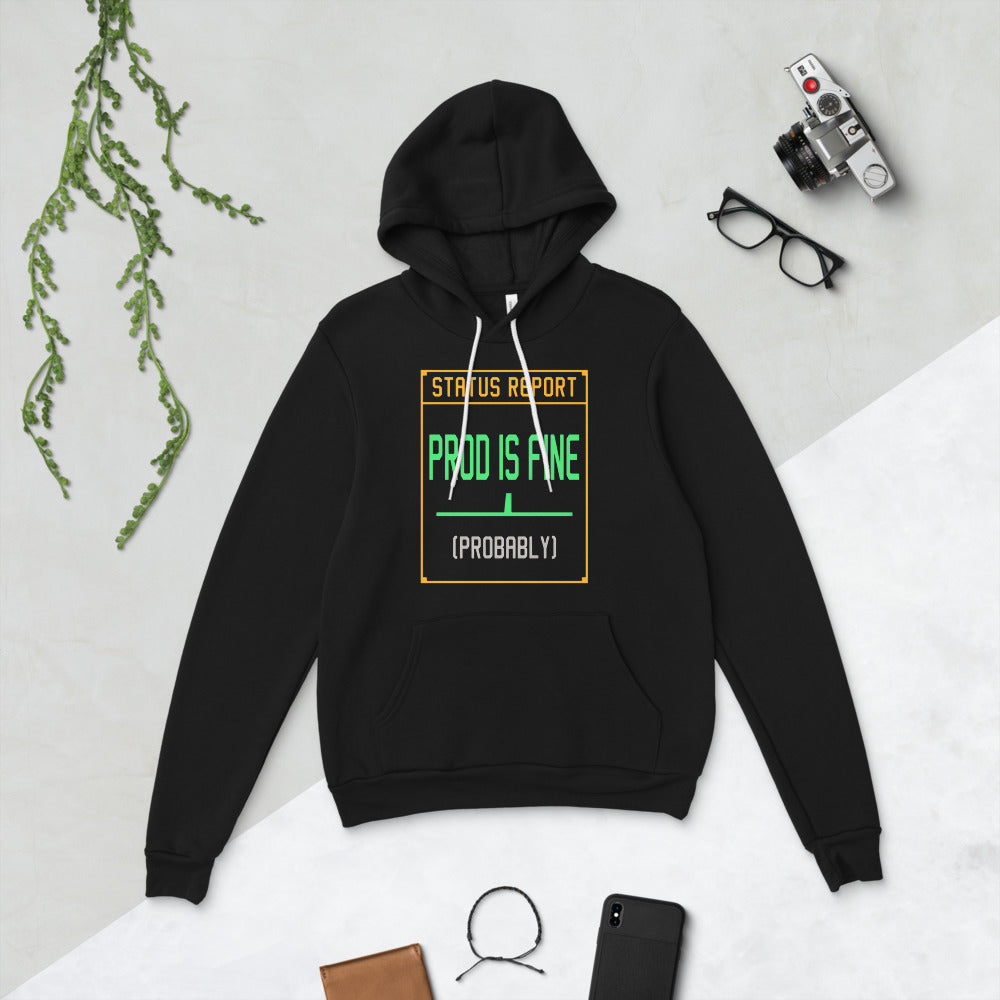 Prod Is Fine programmer hoodie — Black, flat lay