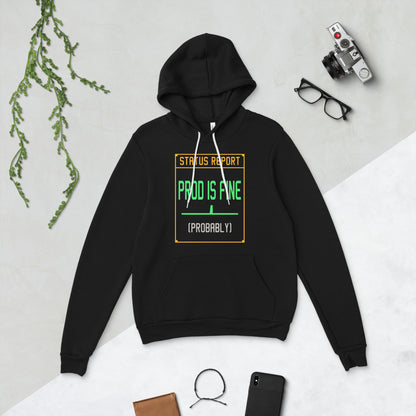 Prod Is Fine programmer hoodie — Black, flat lay