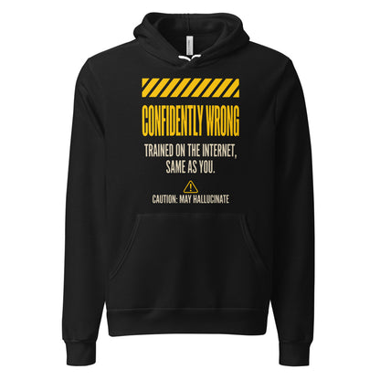 Confidently Wrong AI hazard-label pullover hoodie — Black, front