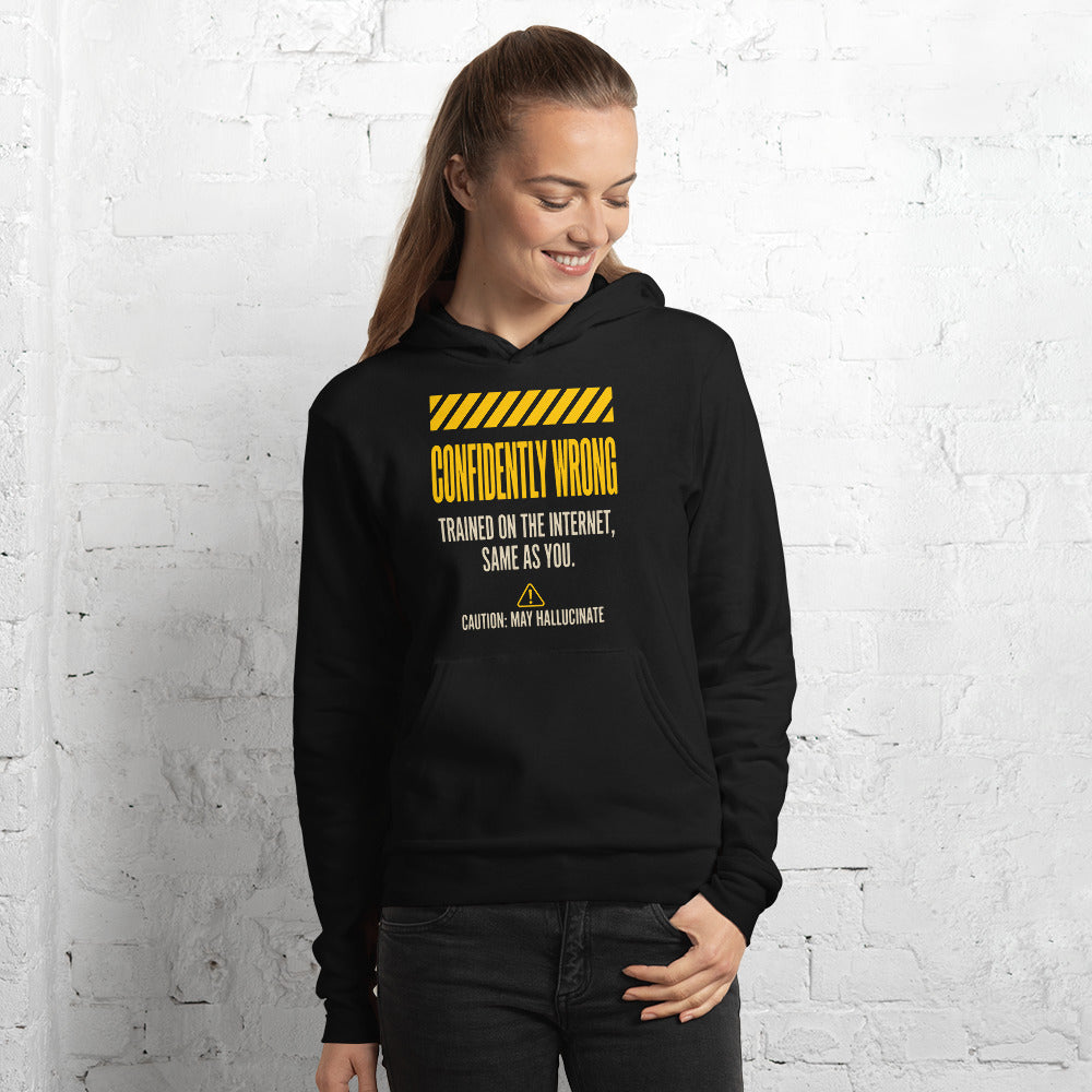 Confidently Wrong AI hazard-label pullover hoodie — Black, on model