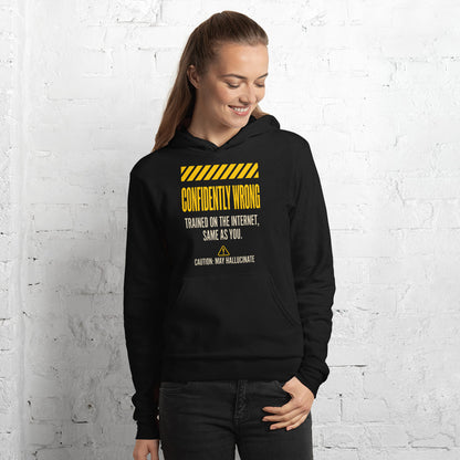 Confidently Wrong AI hazard-label pullover hoodie — Black, on model
