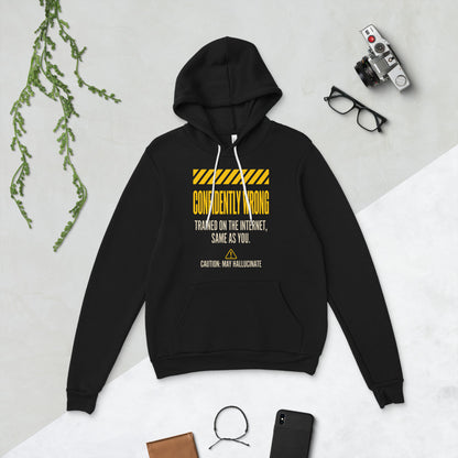 Confidently Wrong AI hazard-label pullover hoodie — Black, flat lay