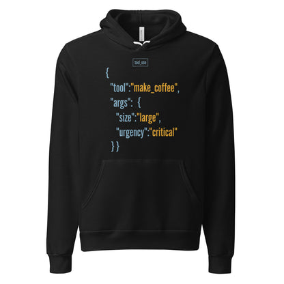 Tool Call Make Coffee AI engineer hoodie — Black, front