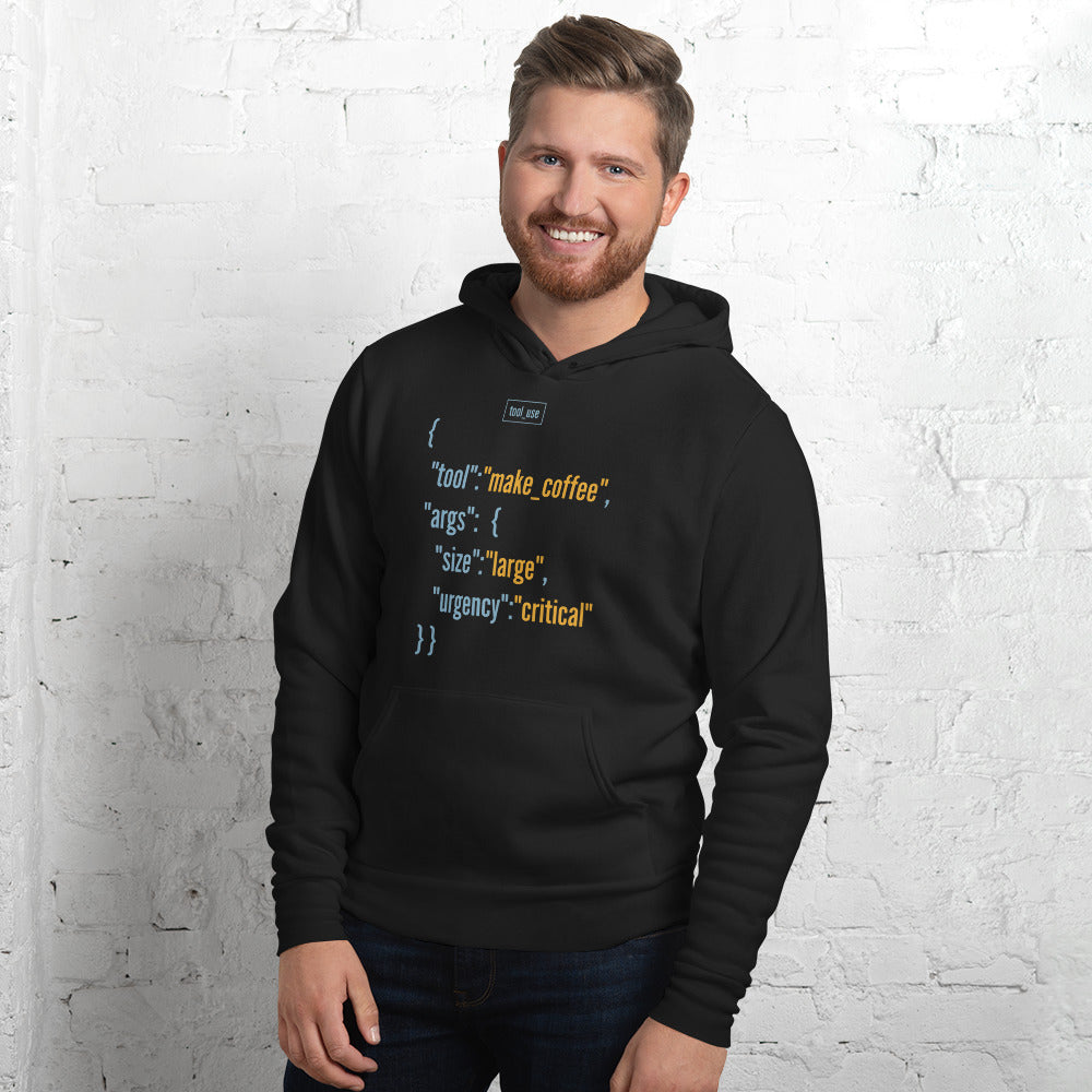 Tool Call Make Coffee AI engineer hoodie — Black, on model