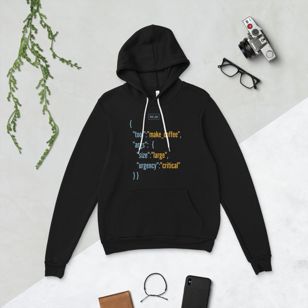 Tool Call Make Coffee AI engineer hoodie — Black, flat lay