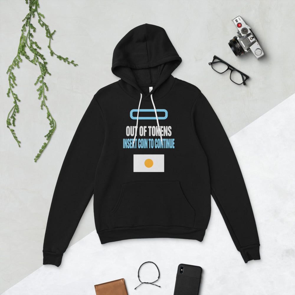 Insert Coin To Continue out of tokens hoodie — Black, flat lay
