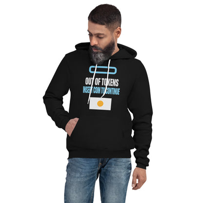 Insert Coin To Continue out of tokens hoodie — Black, on model