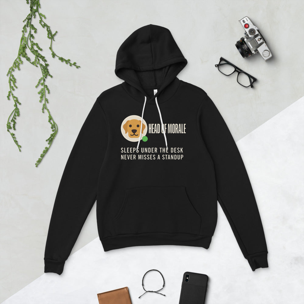 Head of Morale dog profile card unisex hoodie — Black, flat lay