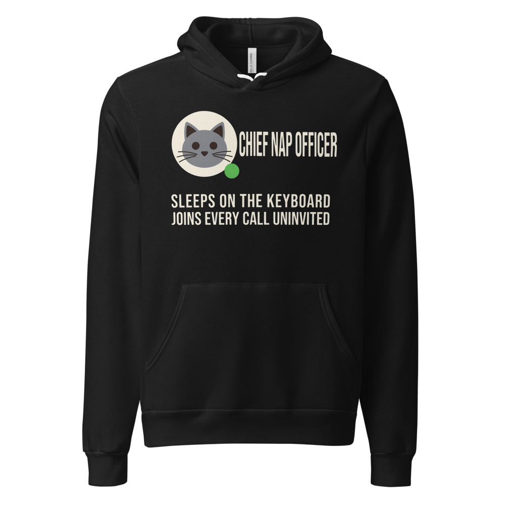 Chief Nap Officer cat profile card unisex hoodie — Black, front