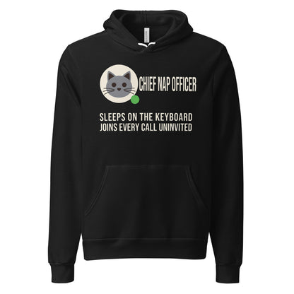 Chief Nap Officer cat profile card unisex hoodie — Black, front