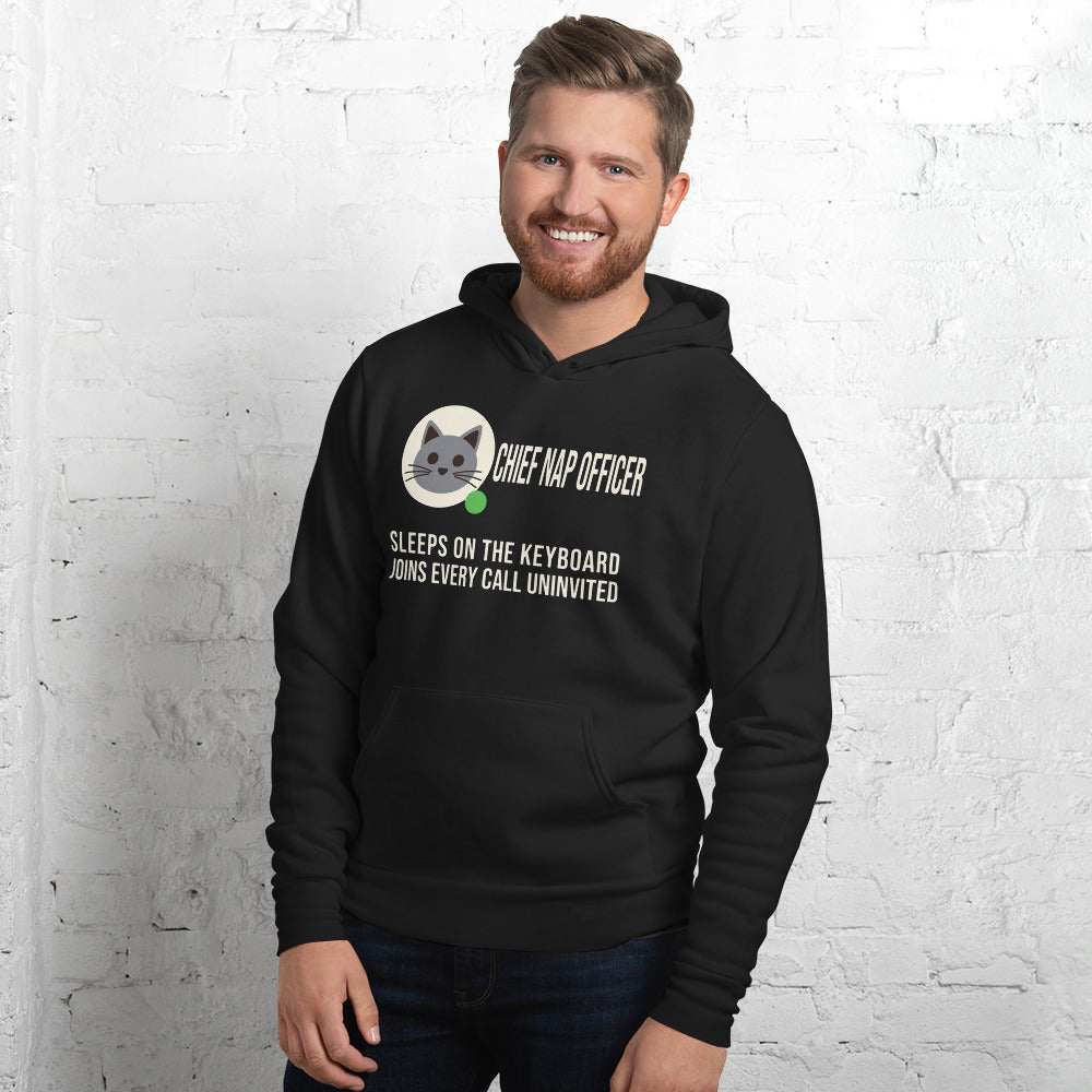 Chief Nap Officer cat profile card unisex hoodie — Black, on model