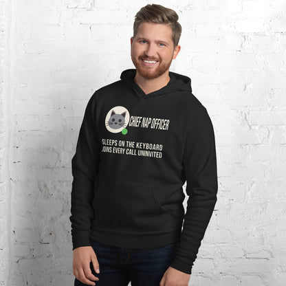 Chief Nap Officer cat profile card unisex hoodie — Black, on model