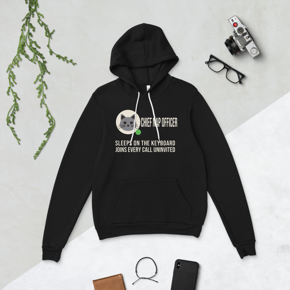 Chief Nap Officer cat profile card unisex hoodie — Black, flat lay