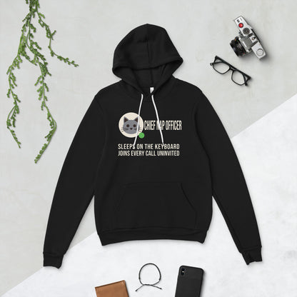 Chief Nap Officer cat profile card unisex hoodie — Black, flat lay