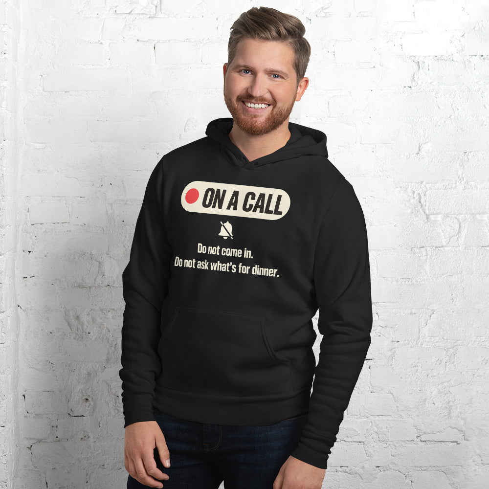 On A Call do not disturb status unisex hoodie — Black, on model