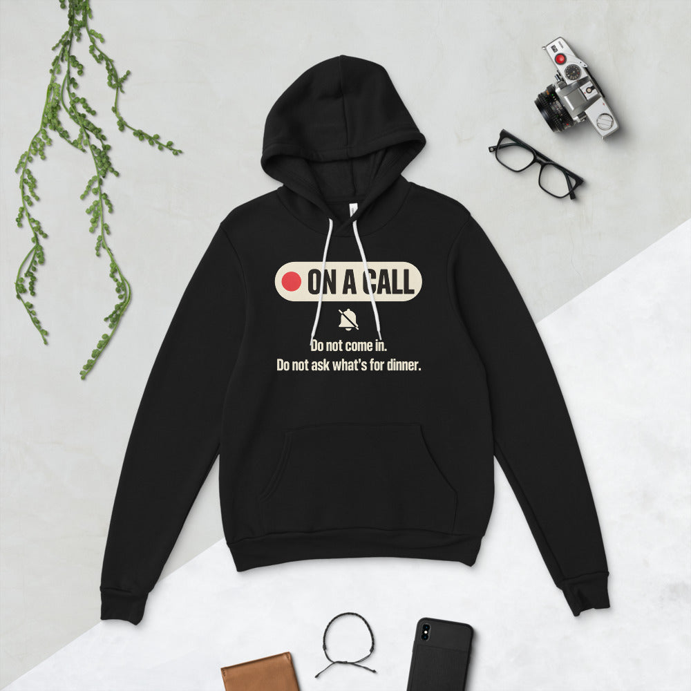 On A Call do not disturb status unisex hoodie — Black, flat lay