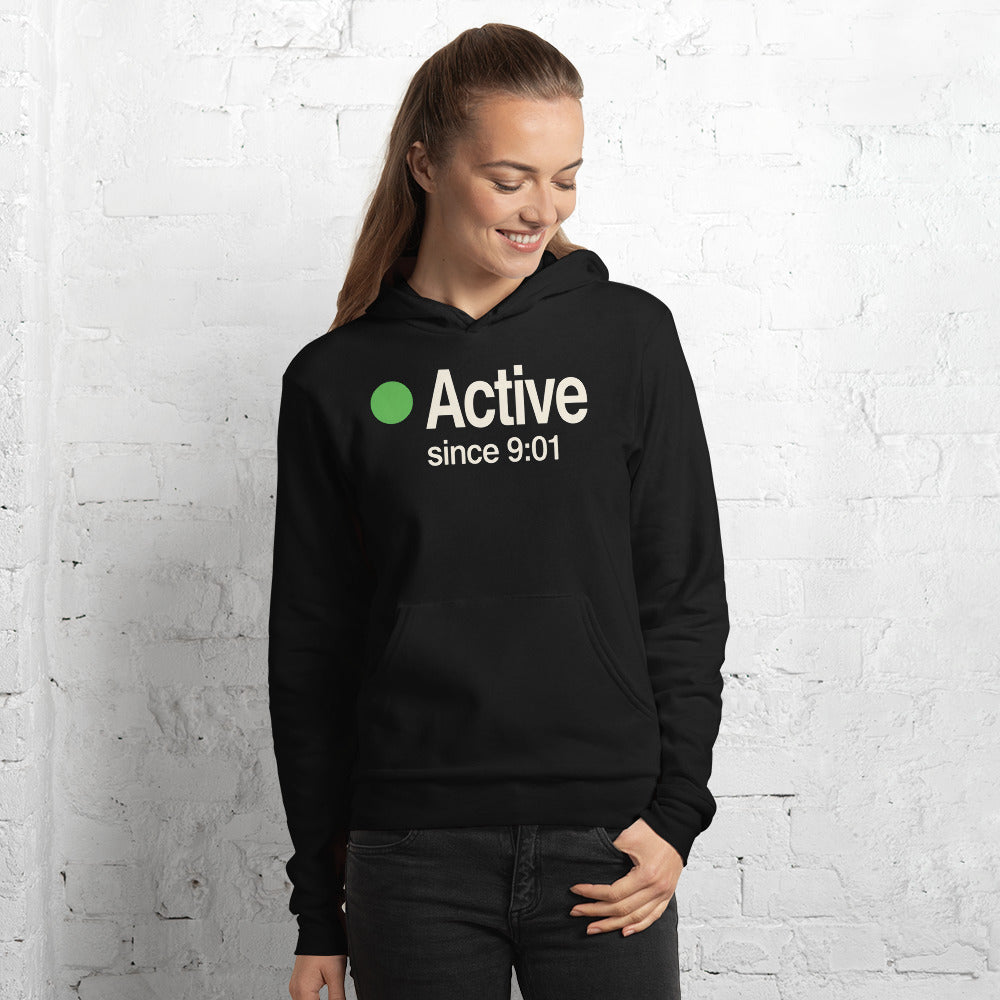 Active Since 9:01 presence status unisex hoodie — Black, on model