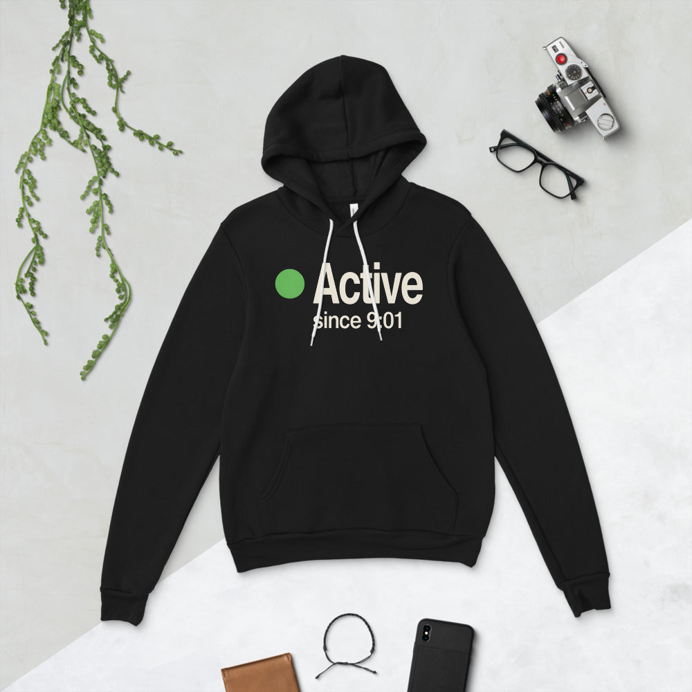 Active Since 9:01 presence status unisex hoodie — Black, flat lay