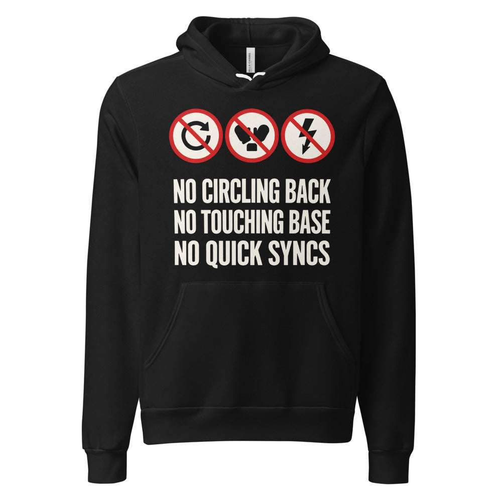 No Circling Back corporate jargon prohibition signs pullover hoodie — Black, front