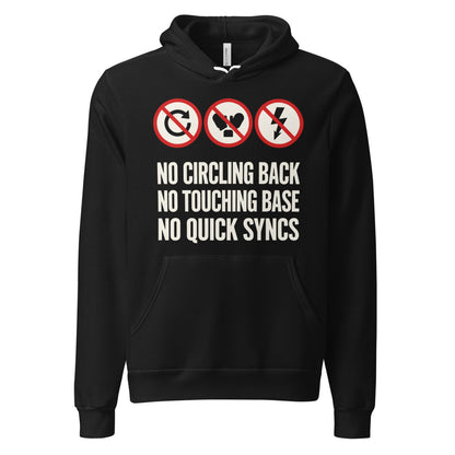 No Circling Back corporate jargon prohibition signs pullover hoodie — Black, front