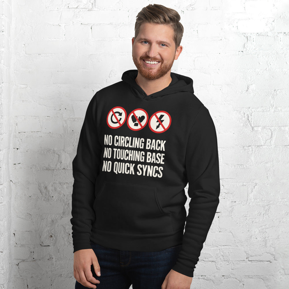 No Circling Back corporate jargon prohibition signs pullover hoodie — Black, on model
