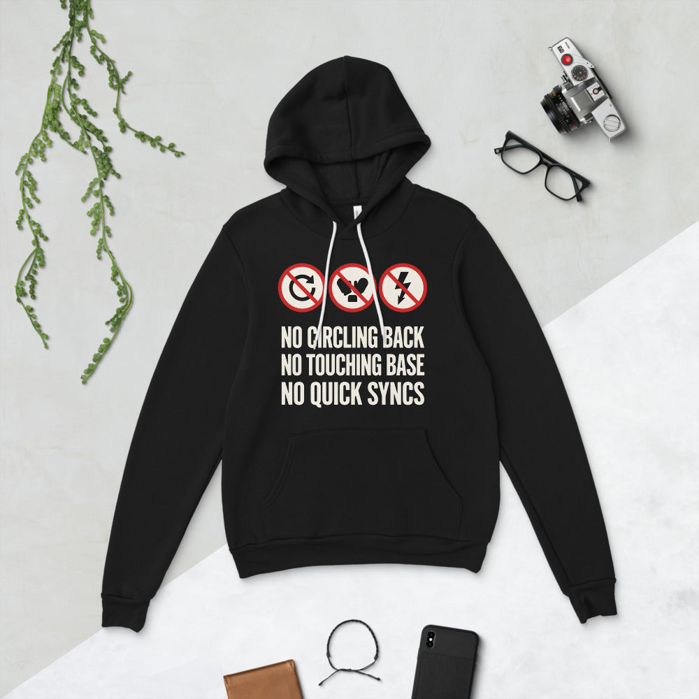 No Circling Back corporate jargon prohibition signs pullover hoodie — Black, flat lay