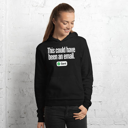 This Could Have Been An Email pullover hoodie — Black, on model
