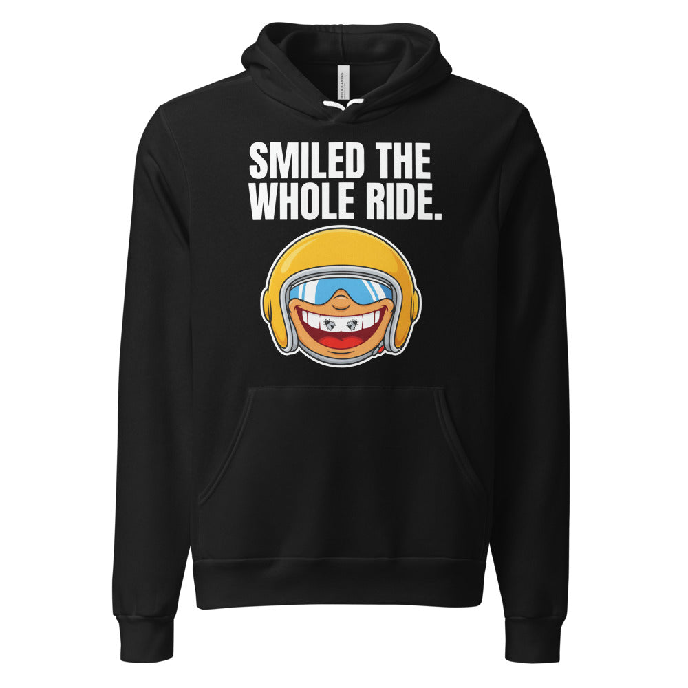 Smiled The Whole Ride funny motorcycle hoodie — Black, front