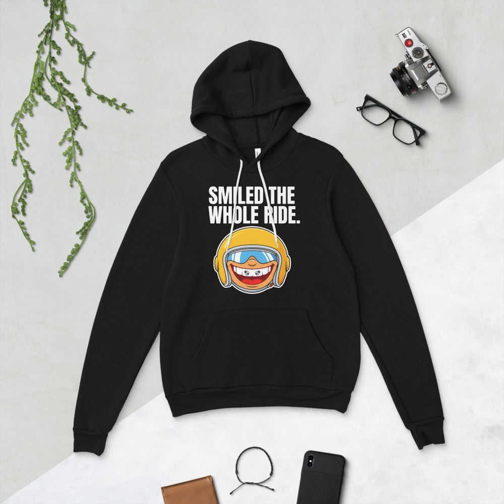 Smiled The Whole Ride funny motorcycle hoodie — Black, flat lay