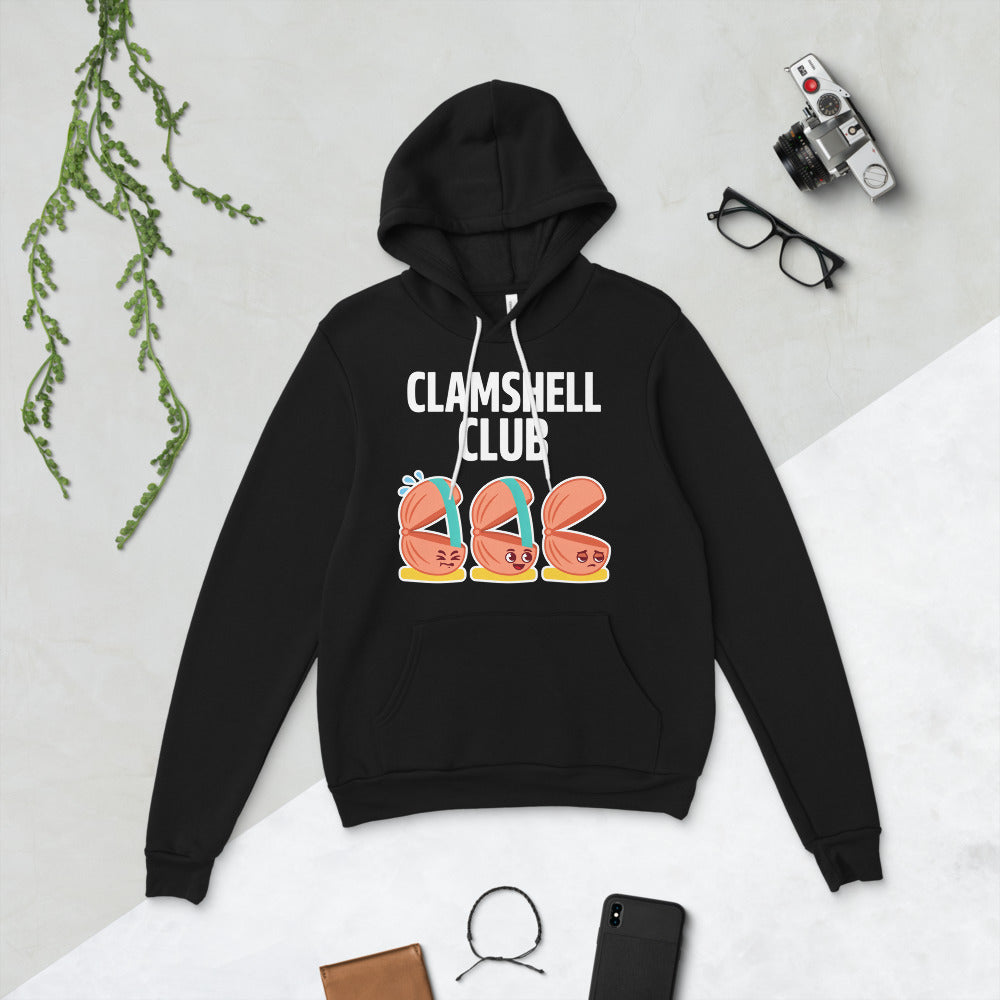 Clamshell Club funny physical therapy hoodie — Black, flat lay