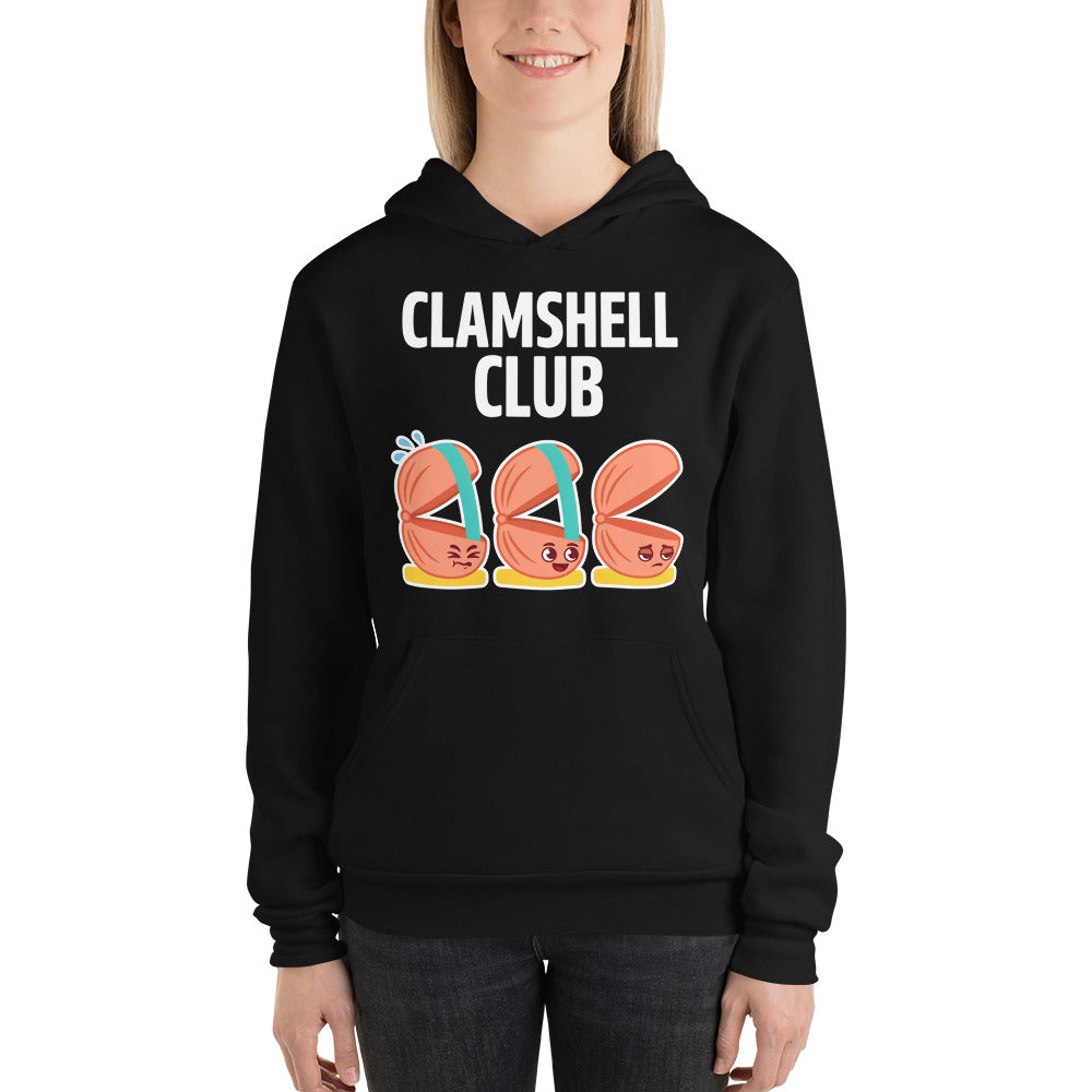 Clamshell Club funny physical therapy hoodie — Black, on model