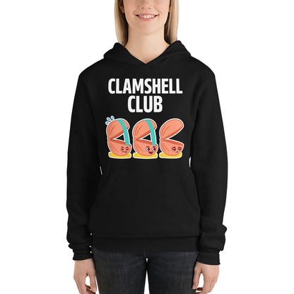 Clamshell Club funny physical therapy hoodie — Black, on model